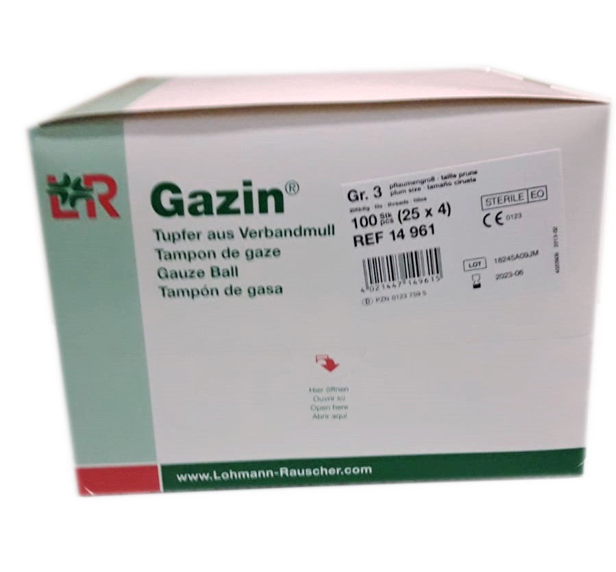 L+R Gazin® Tupfer steril, pflaumengroß, 20-fädig